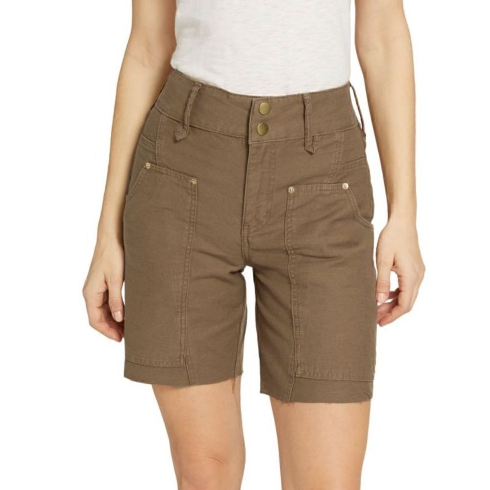 New FRAME Size 23 Twisted Utility Shorts OLIVE Green Raw Hem *Broken Button*